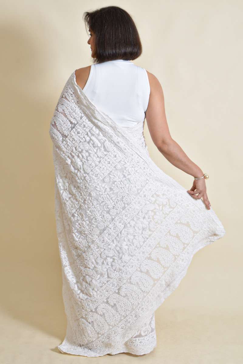 Fabnuma Handcrafted White Georgette Chikankari Saree-Blouse - Fabnuma