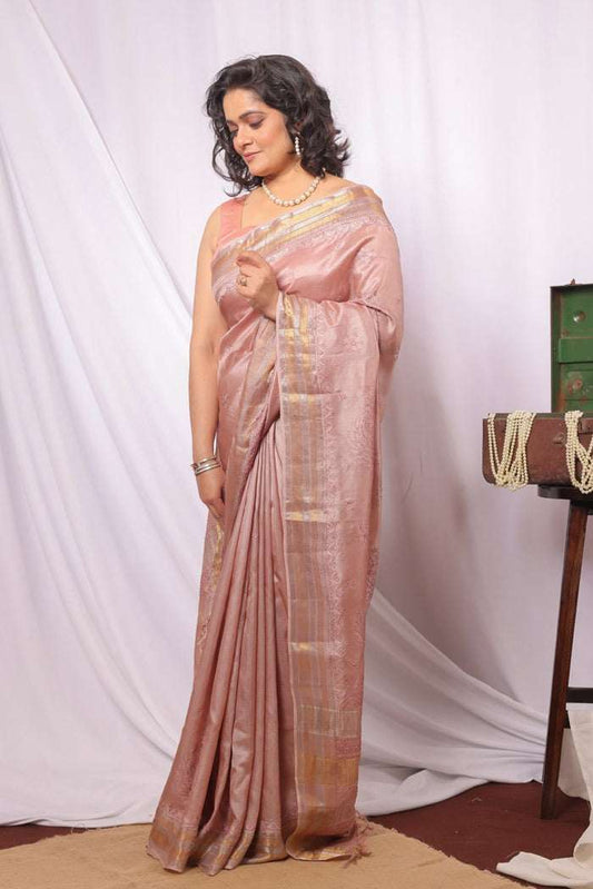 MeMaana Handcrafted Bronze Tussar Silk Zari Border Chikankari Saree-Blouse MeMaana