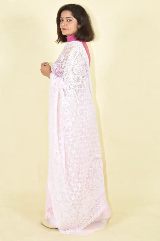 Fabnuma Handcrafted Pink Georgette Chikankari Saree-Blouse - Fabnuma