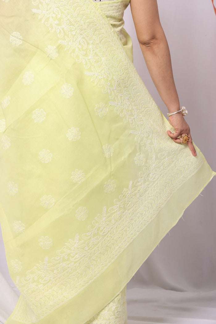 MeMaana Handcrafted Lemon Cotton Chikankari Saree-Blouse MeMaana