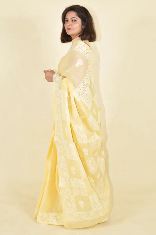Fabnuma Handcrafted Fawn Cotton Chikankari Saree-Blouse - Fabnuma