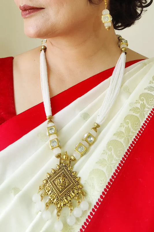 Fabnuma Handcrafted White Neckpiece Golden Oxidise Plated Pendant-Dangle Earrings - Fabnuma