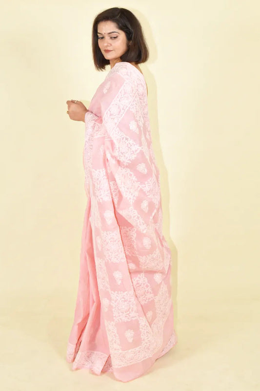 Fabnuma Handcrafted Peach Cotton Chikankari Saree-Blouse Fabnuma