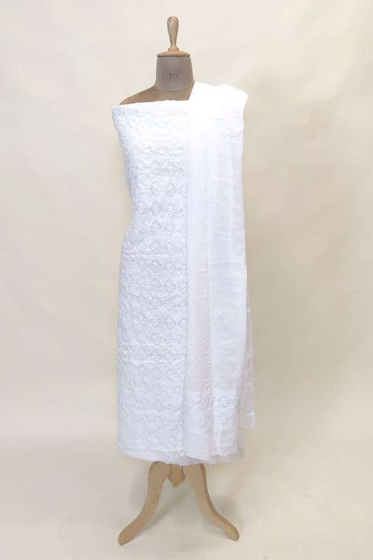 Fabnuma Handcrafted White Cotton Chikankari 3Pcs Unstiched Suit Set-Daraj Work - Fabnuma