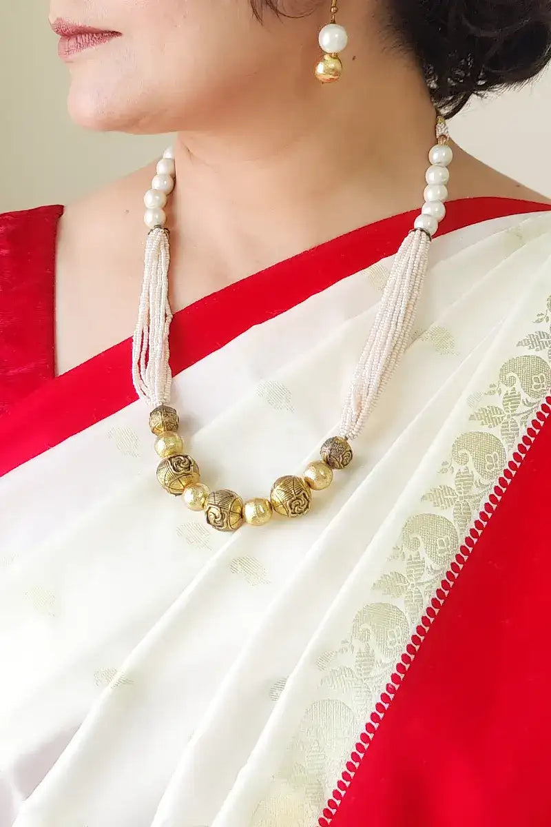 Fabnuma Handcrafted Golden White Beads Necklace & Dangle Earrings - Fabnuma