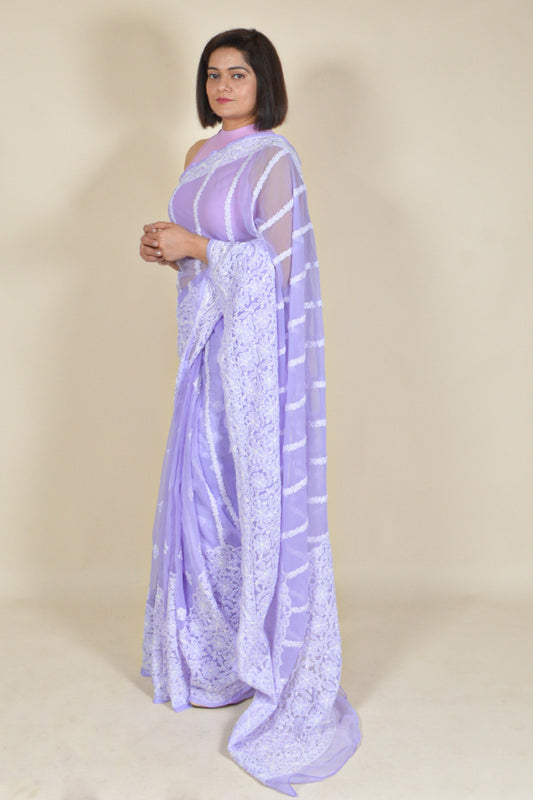 Fabnuma Handcrafted Lavender Georgette Chikankari Saree-Blouse - Fabnuma
