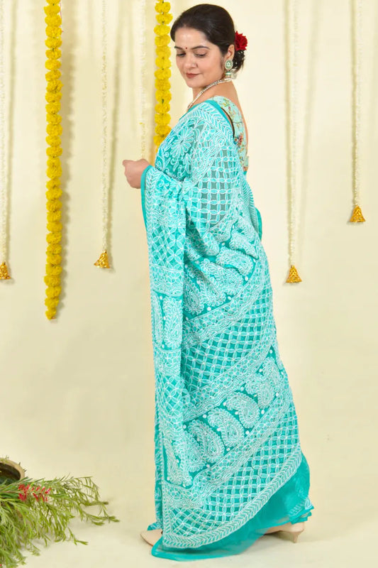 Fabnuma Handcrafted Aqua Blue Georgette Chikankari Saree-Blouse Fabnuma