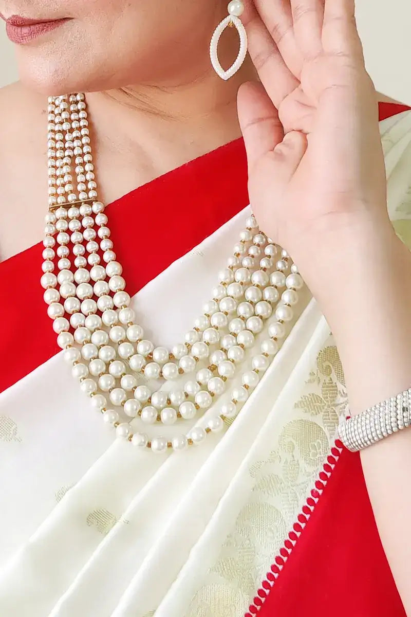 Fabnuma Handcrafted White Pearl Layer Neckpiece & Dangle Earrings - Fabnuma
