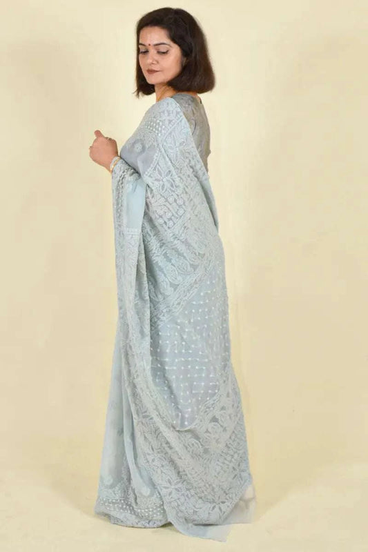 MeMaana Handcrafted Gray Georgette Chikankari Saree-Blouse MeMaana