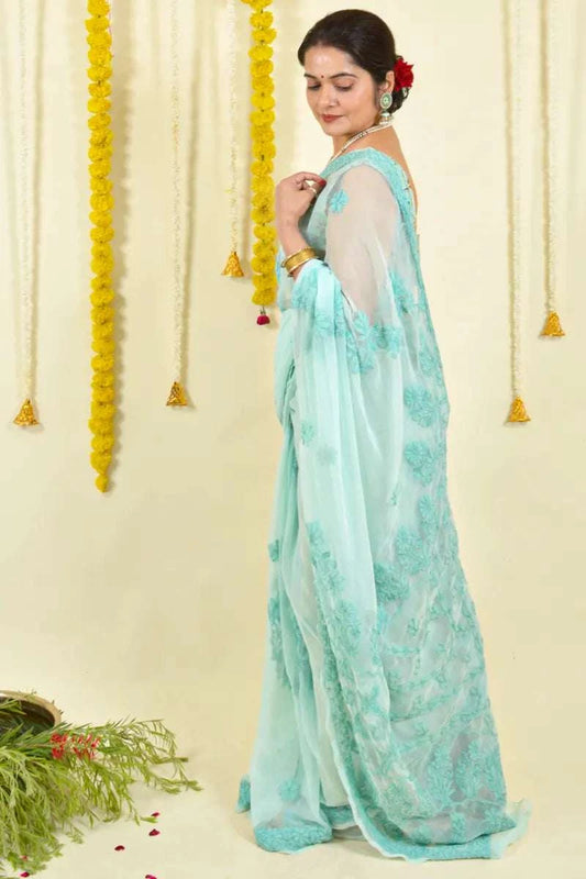 MeMaana Handcrafted Sea Green Georgette Chikankari Saree-Blouse MeMaana