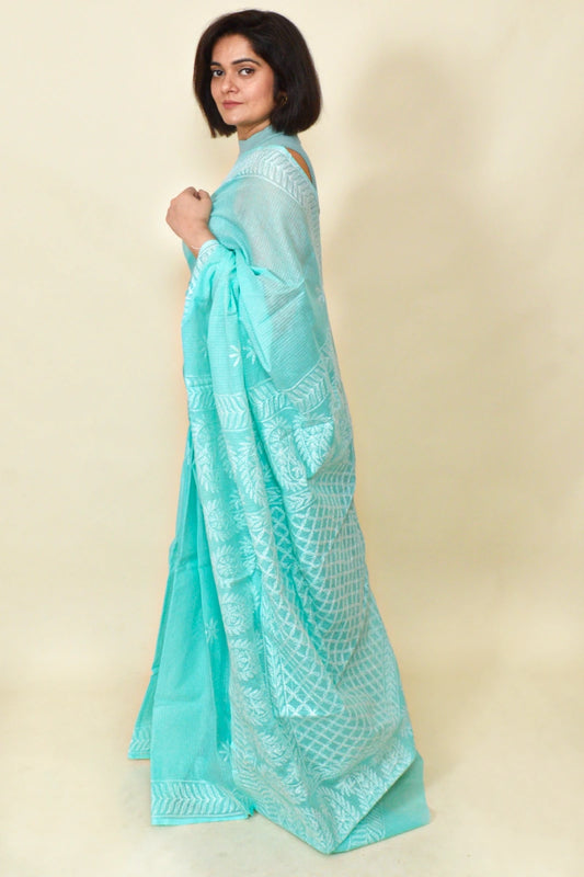 Fabnuma Handcrafted Sea Green Kota Cotton Chikankari Saree-Blouse - Fabnuma