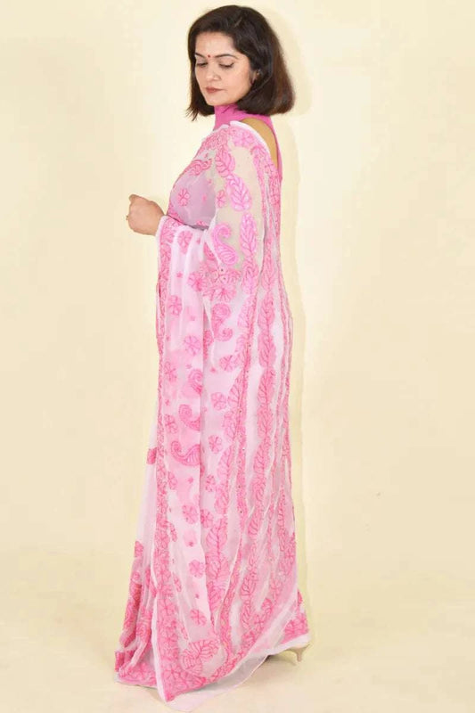 MeMaana Handcrafted Pink Georgette With Mukaish Work Chikankari Saree-Blouse MeMaana