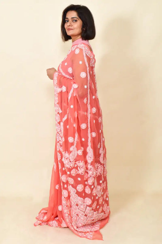 Fabnuma Handcrafted Carrot Red Georgette Chikankari Saree-Blouse - Fabnuma