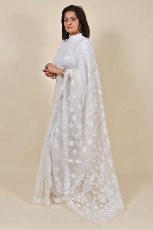 Fabnuma Handcrafted White Organza Chikankari Saree-Blouse - Fabnuma
