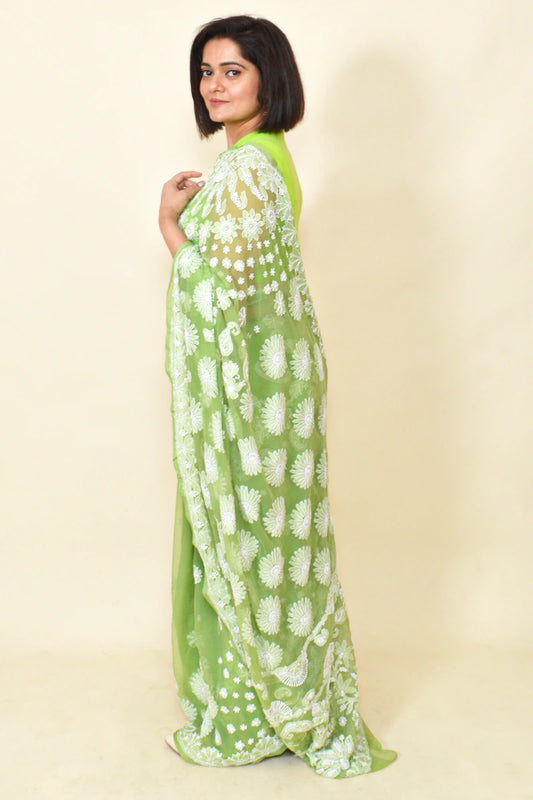 Fabnuma Handcrafted Green Georgette Chikankari Saree-Blouse - Fabnuma