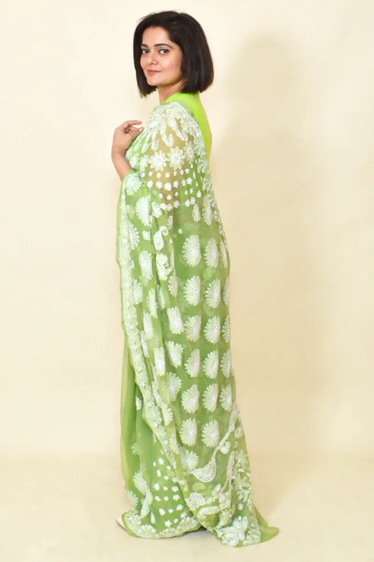 Fabnuma Handcrafted Green Georgette Chikankari Saree-Blouse - Fabnuma