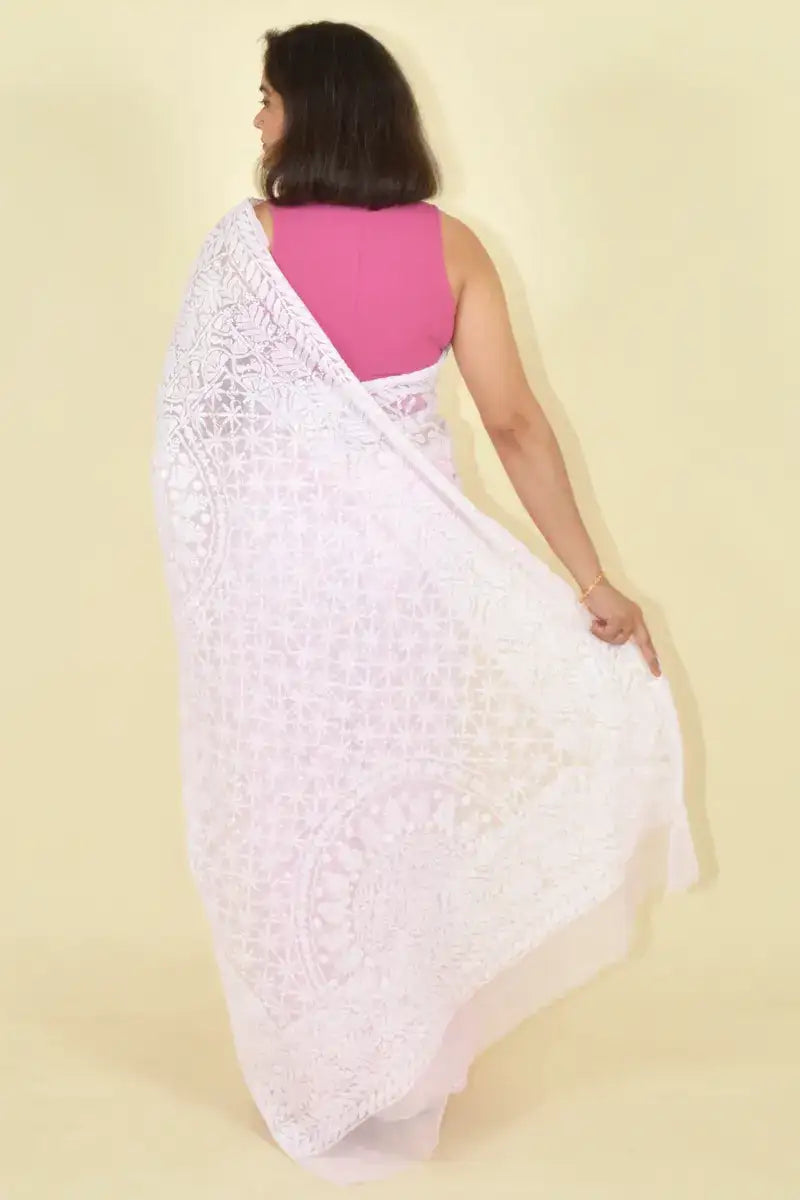 Fabnuma Handcrafted Pink Georgette Chikankari Saree-Blouse - Fabnuma