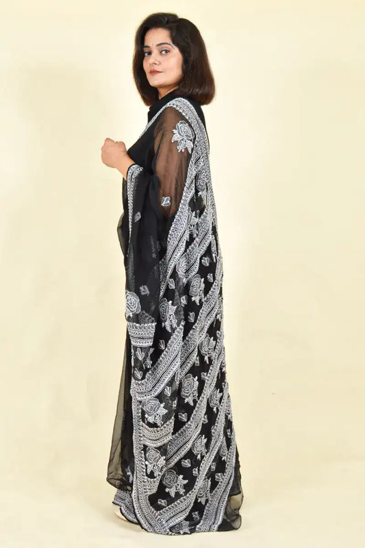Fabnuma Handcrafted Black Georgette Chikankari Saree-Blouse - Fabnuma