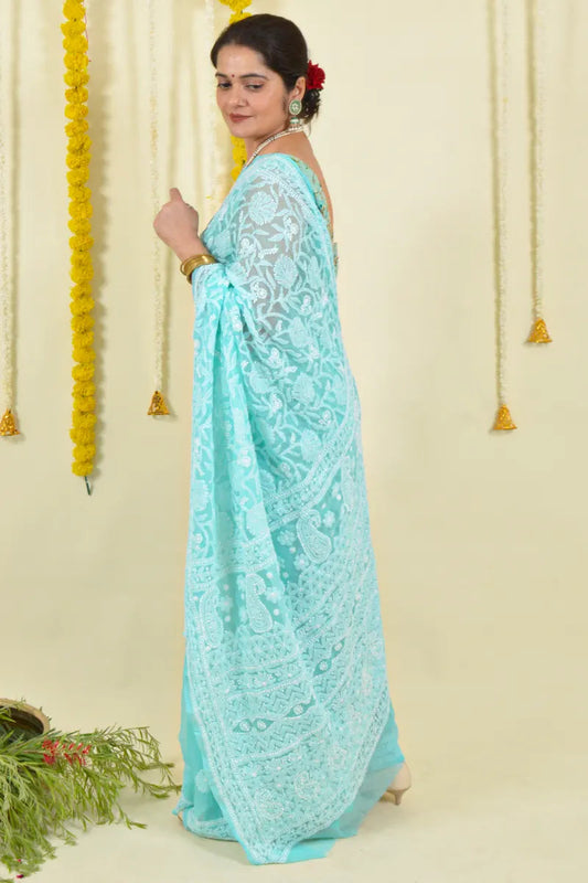 Fabnuma Handcrafted Sea Green Georgette Chikankari Saree-Blouse Fabnuma