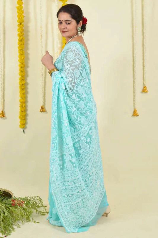 MeMaana Handcrafted Sea Green Georgette Chikankari Saree-Blouse MeMaana