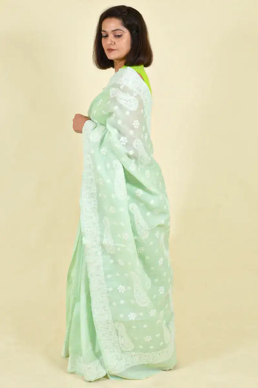 Fabnuma Handcrafted Mint Green Cotton Chikankari Saree-Blouse - Fabnuma