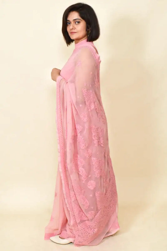 Fabnuma Handcrafted Peach With Mukaish Work Georgette Chikankari Saree-Blouse - Fabnuma