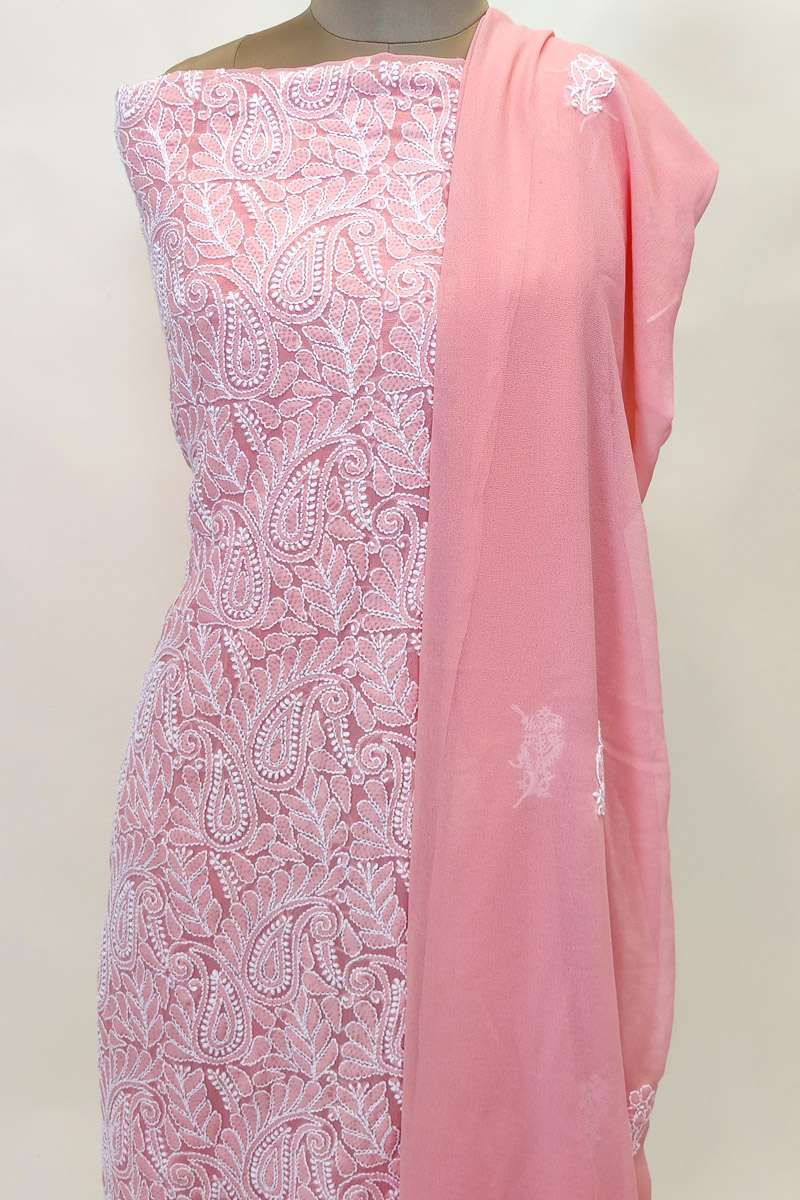 Fabnuma Handcrafted Peach Georgette Chikankari 3Pcs Unstiched Suit Set - Fabnuma