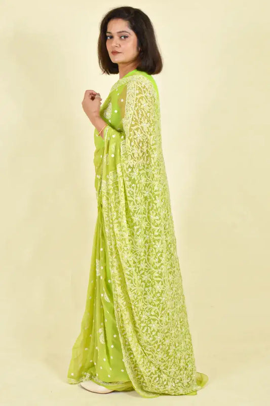 Fabnuma Handcrafted Green Georgette Chikankari Saree-Blouse - Fabnuma