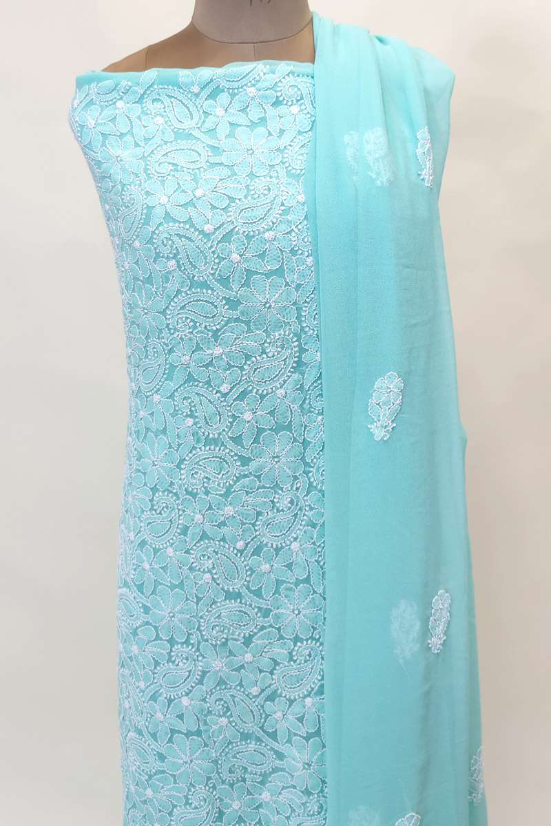 Fabnuma Handcrafted Sea Green Georgette Chikankari 3Pcs Unstiched Suit Set - Fabnuma