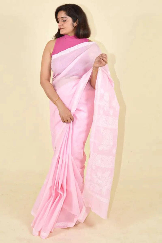 MeMaana Handcrafted Pink Cotton Chikankari Saree-Blouse MeMaana