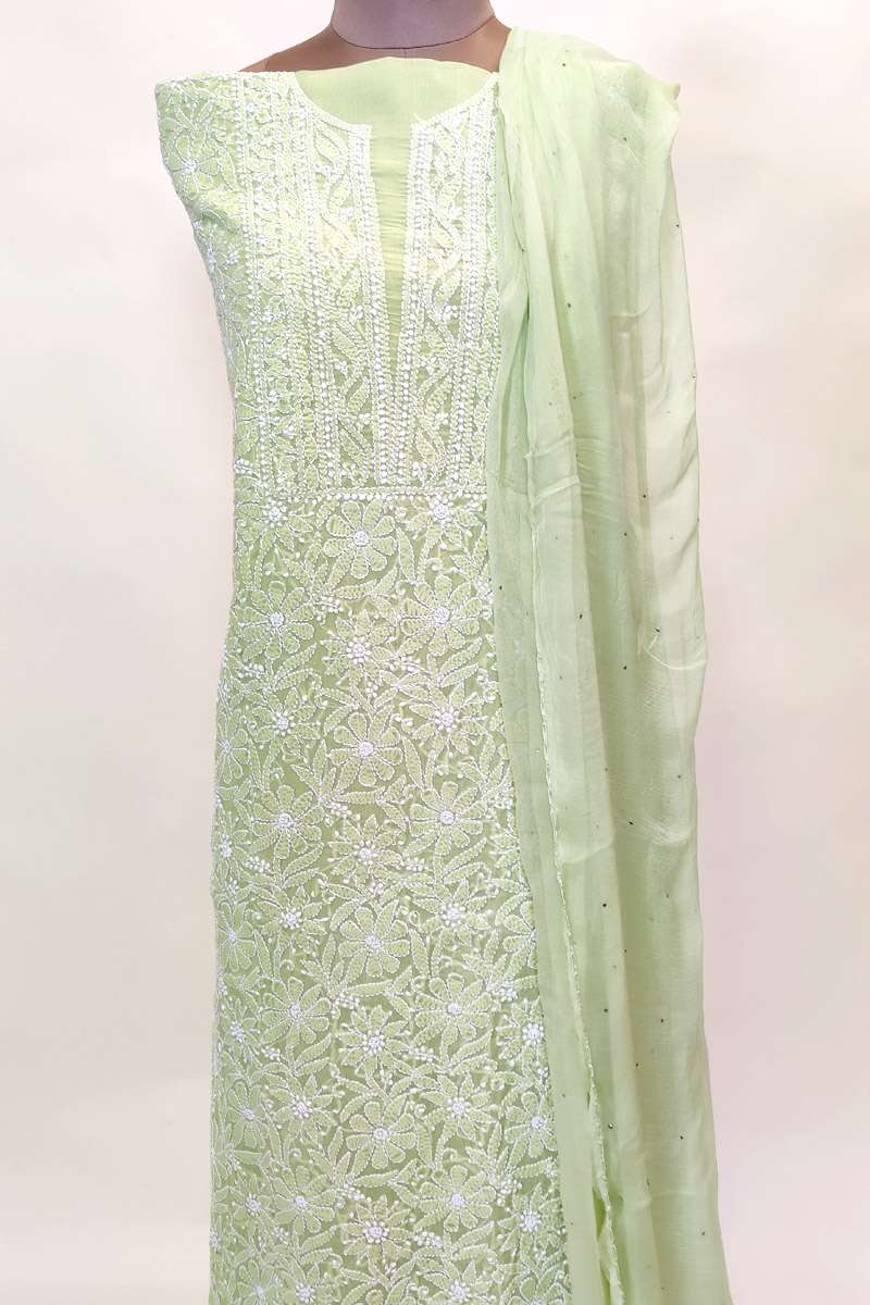 Fabnuma Handcrafted Green Cotton Chikankari 3Pcs Unstiched Suit Set - Fabnuma