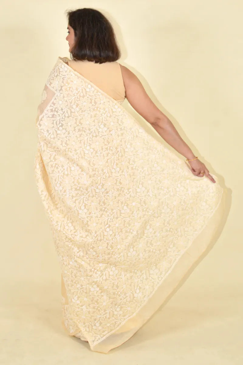 Fabnuma Handcrafted Beige Cotton Chikankari Saree-Blouse Fabnuma