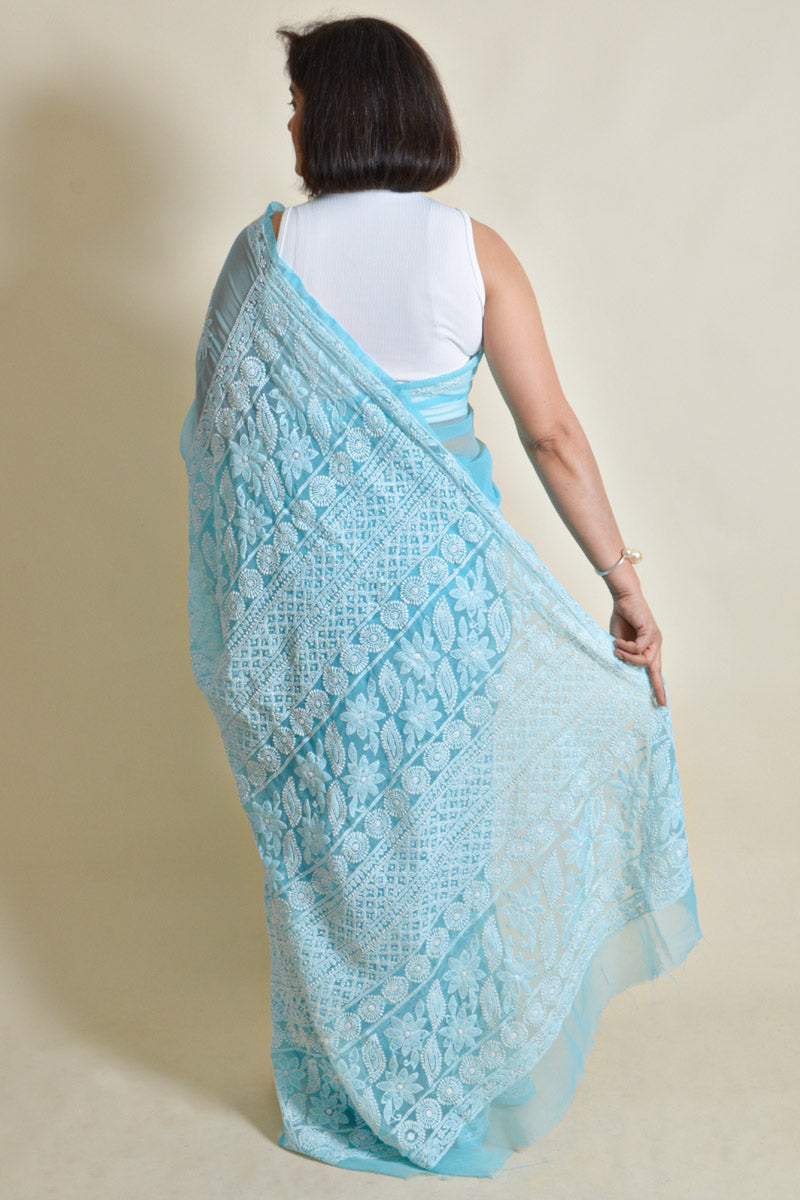 Fabnuma Handcrafted Sky Blue Georgette Chikankari Saree-Blouse - Fabnuma