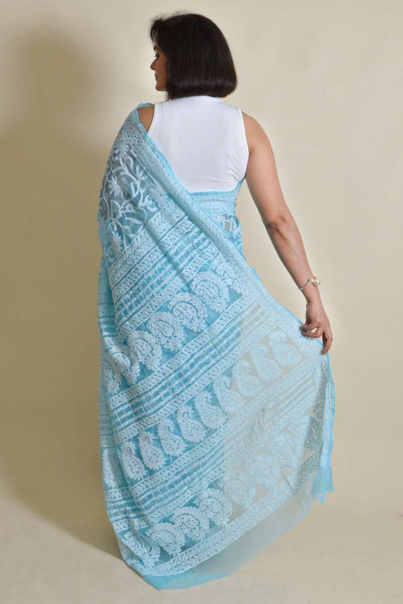 Fabnuma Handcrafted Sky Blue Georgette Chikankari Saree-Blouse - Fabnuma