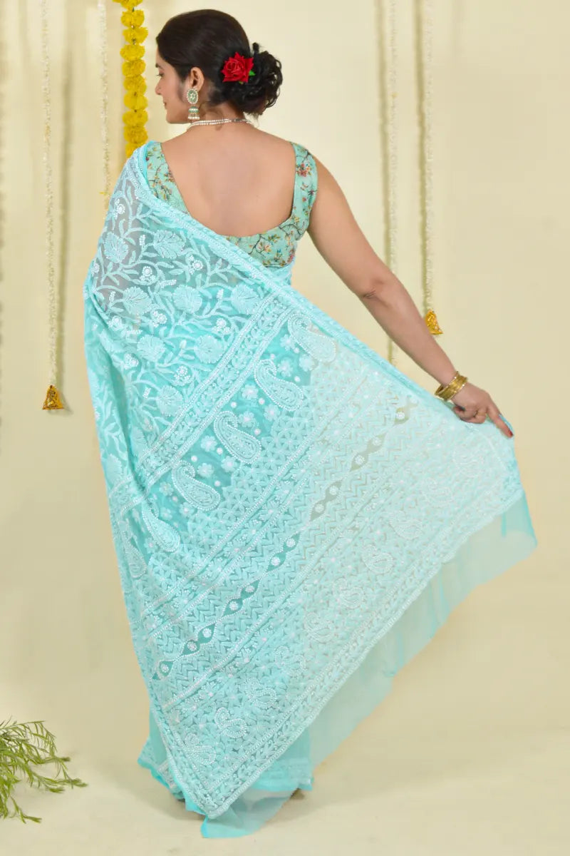 Fabnuma Handcrafted Sea Green Georgette Chikankari Saree-Blouse Fabnuma