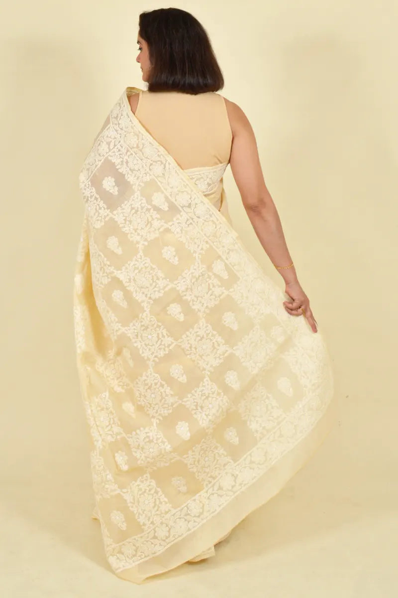 Fabnuma Handcrafted Beige Cotton Chikankari Saree-Blouse - Fabnuma