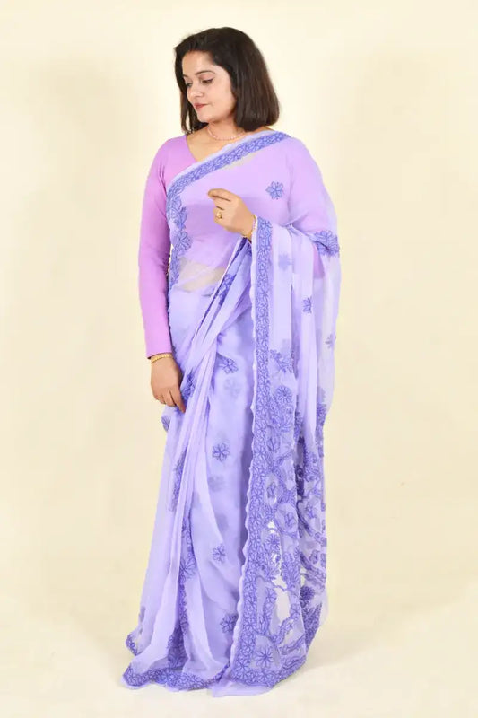 Fabnuma Handcrafted Lavender Georgette Chikankari Saree-Blouse - Fabnuma