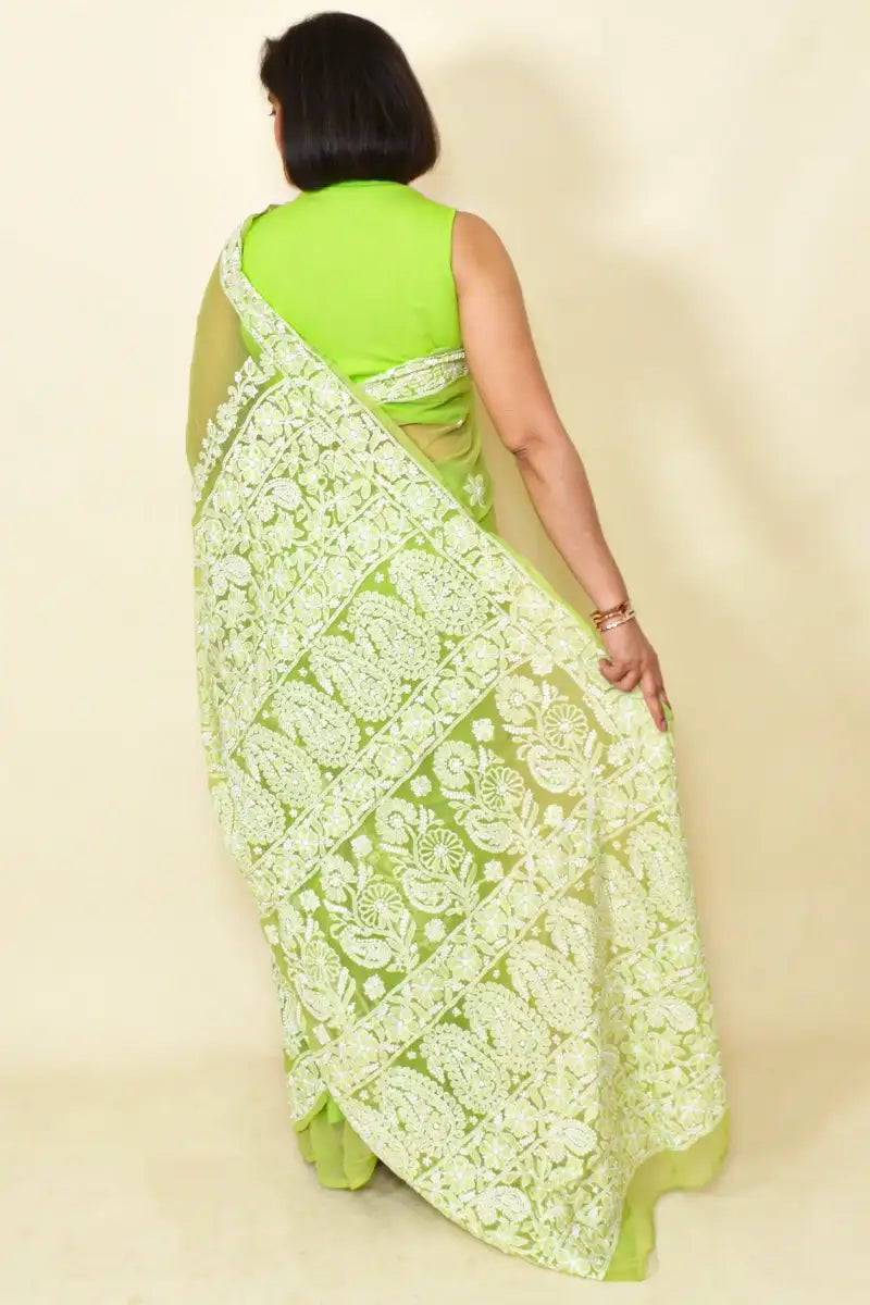 Fabnuma Handcrafted Green Georgette Chikankari Saree-Blouse - Fabnuma