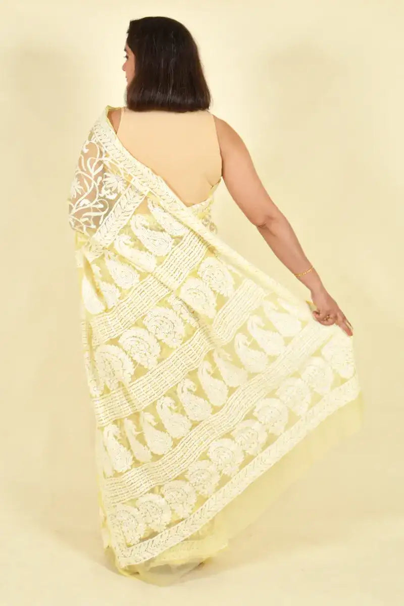 Fabnuma Handcrafted Lemon Georgette Chikankari Saree-Blouse - Fabnuma