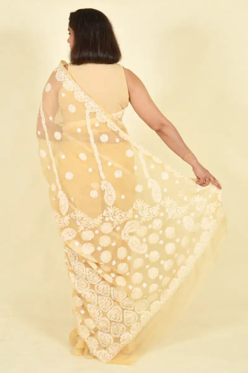 Fabnuma Handcrafted Beige Georgette Chikankari Saree-Blouse - Fabnuma