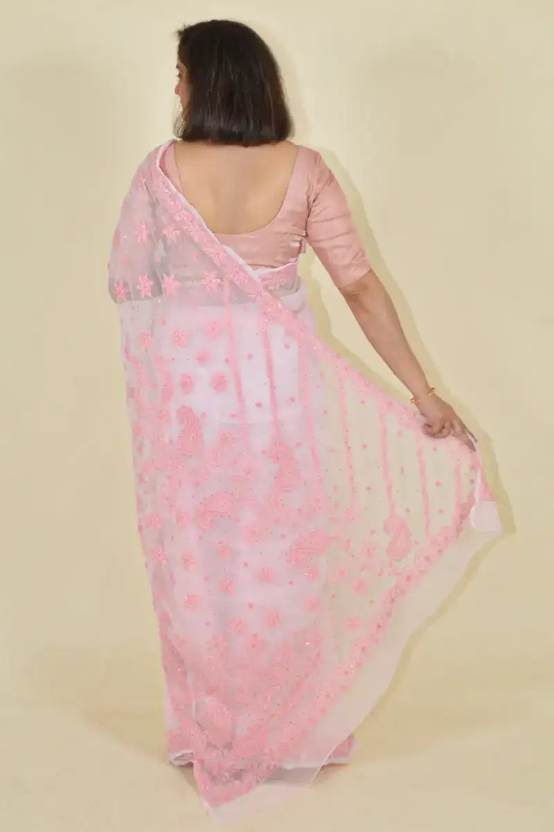 Fabnuma Handcrafted Pink Georgette Chikankari Saree-Blouse - Fabnuma