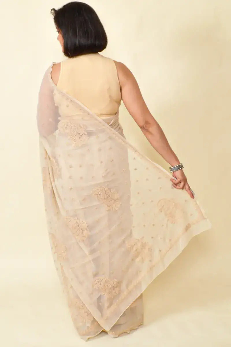 Fabnuma Handcrafted Beige Georgette Chikankari Saree-Blouse - Fabnuma