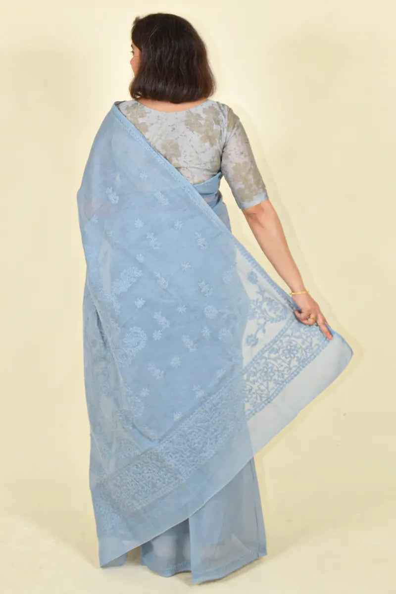 MeMaana Handcrafted Gray Cotton Chikankari Saree-Blouse MeMaana