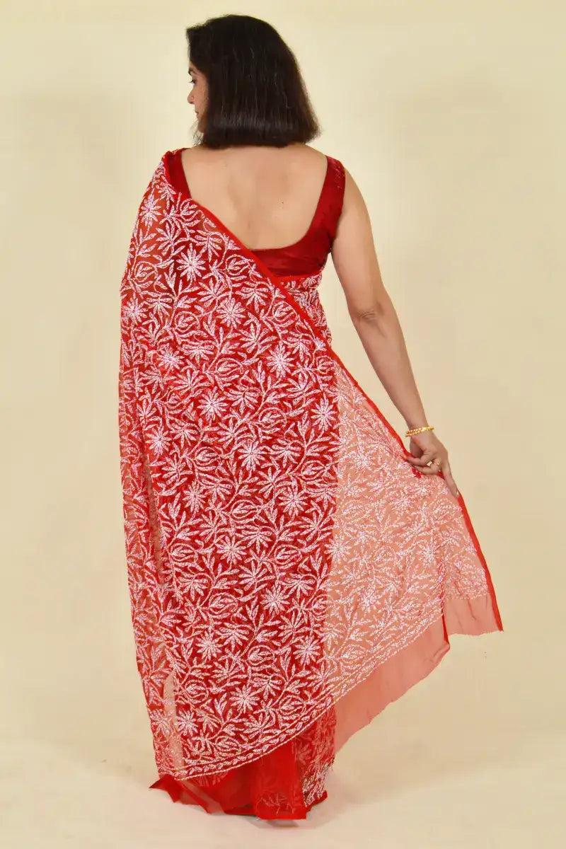 Fabnuma Handcrafted Red Georgette Chikankari Saree-Blouse - Fabnuma