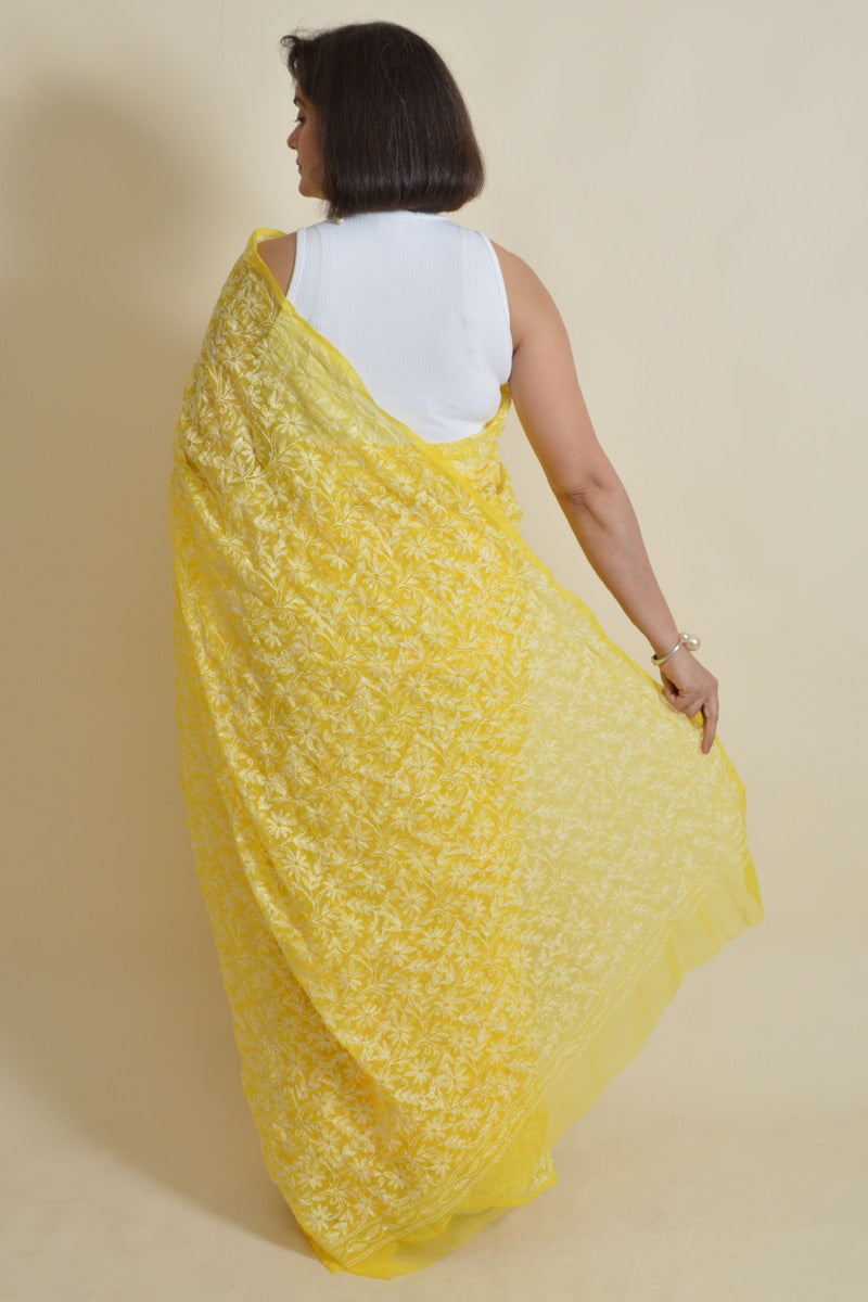 Fabnuma Handcrafted Yellow Georgette Chikankari Tepchi Saree-Blouse - Fabnuma