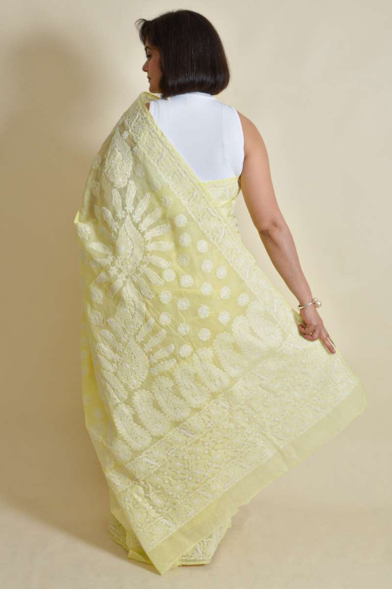 Fabnuma Handcrafted Lemon Cotton Chikankari Saree Wth Blouse - Fabnuma