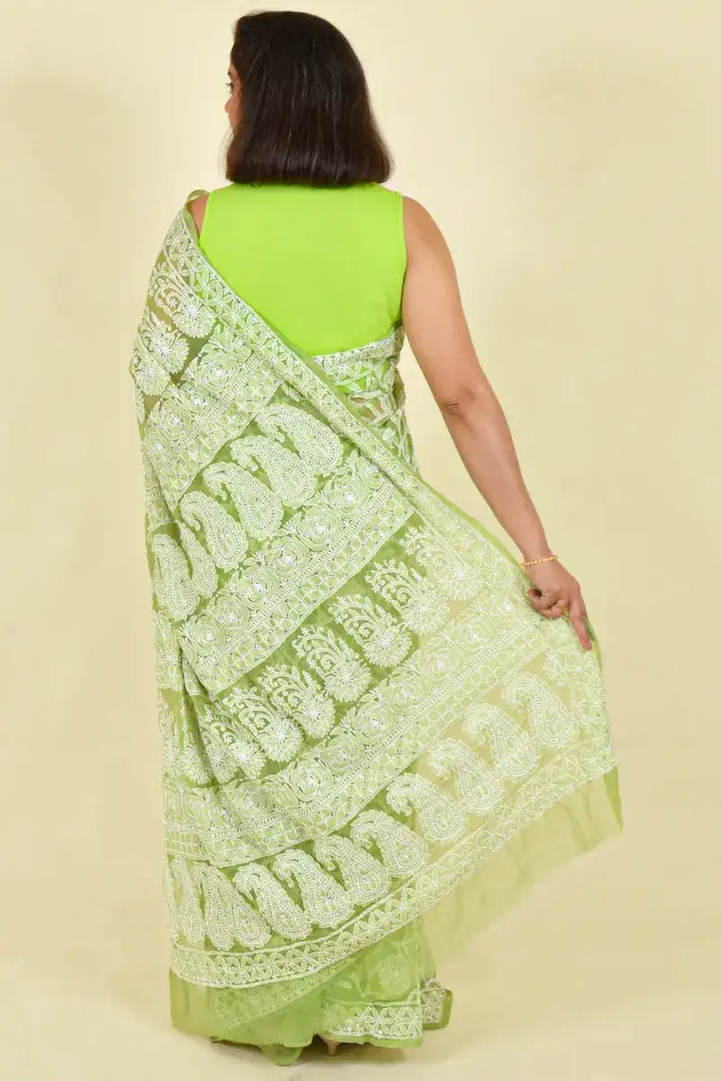 Fabnuma Handcrafted Green Georgette Chikankari Saree-Blouse - Fabnuma