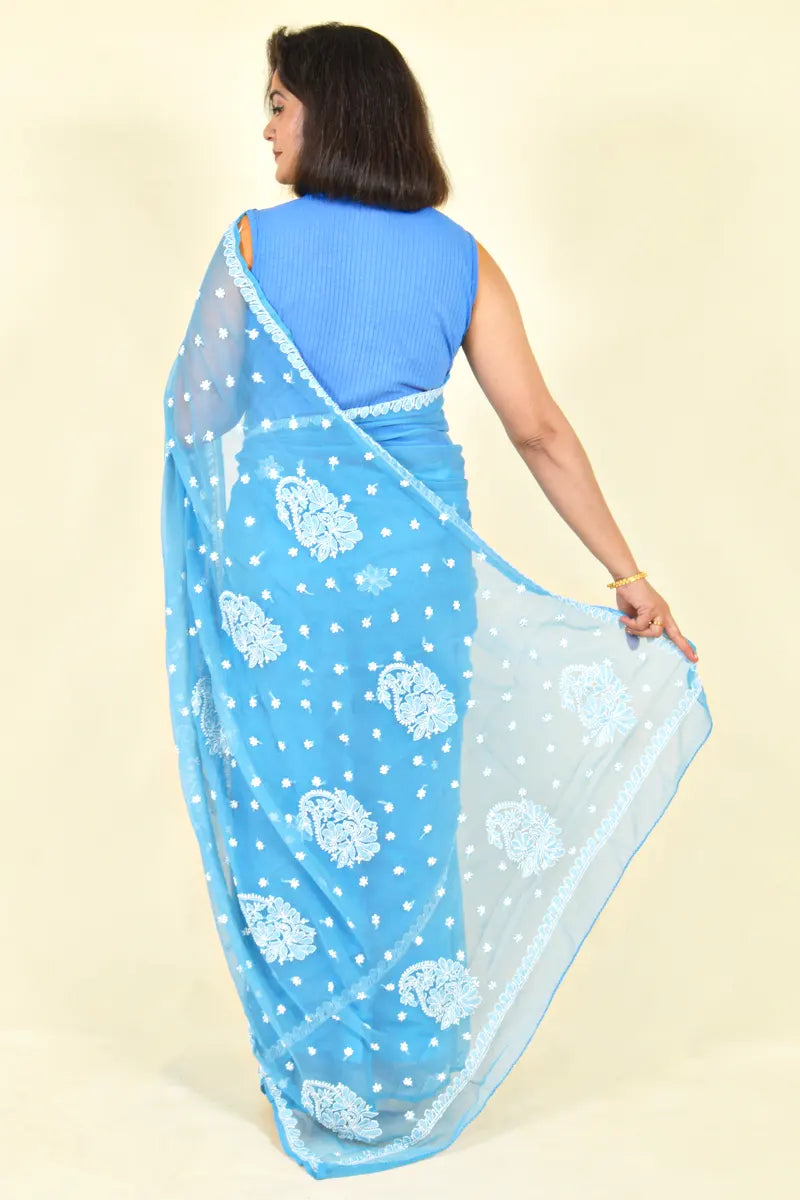 Fabnuma Handcrafted Aqua Blue Georgette Chikankari Saree-Blouse - Fabnuma