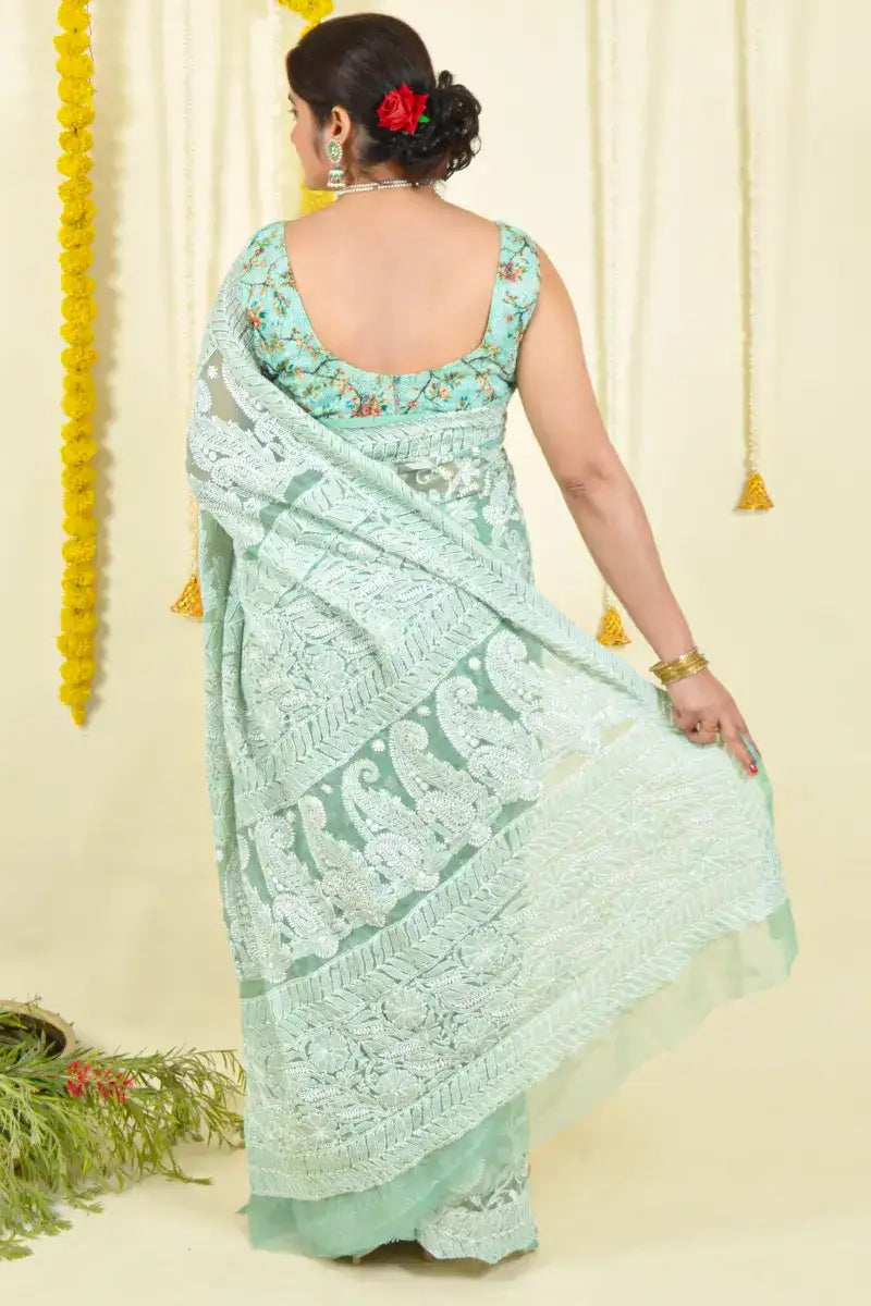 Fabnuma Handcrafted Pista Green Georgette Sequence Pearl Work Chikankari Saree-Blouse - Fabnuma