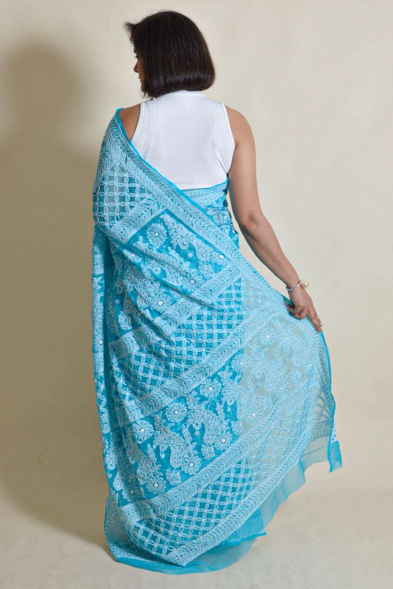 Fabnuma Handcrafted Turquoise Blue Georgette Chikankari Saree-Blouse - Fabnuma